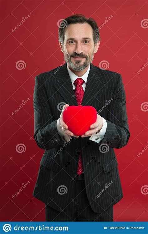 Spread Love Man Mature Handsome Guy Wear Elegant Suit Hold Red Heart Valentines Day