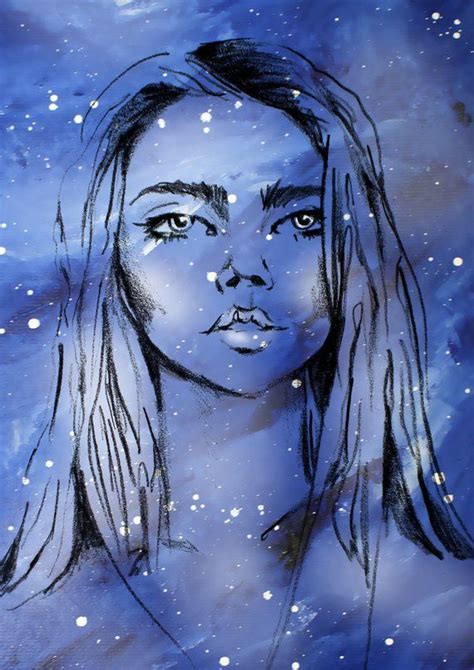 Blue Galaxy Girl Drawing Illustration Space Giclee Abstract Art Print