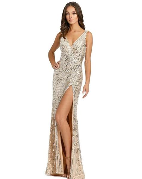 Mac Duggal Couture Silver Nude Beige Sequin Beaded V Neck Faux Wrap