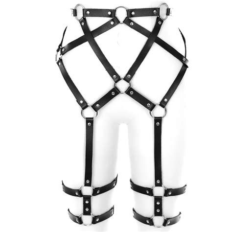 black body cage pu leather harness garter belt leg stockings suspenders thigh high waist bondage