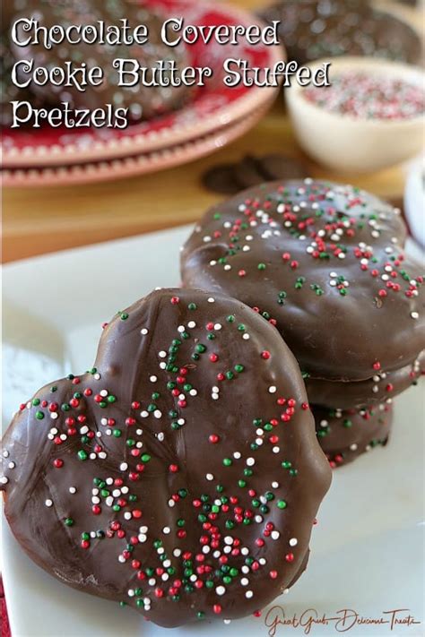 Soft chocolate chip cookies with crunchy pretzels baked in. Chocolate Covered Cookie Butter Stuffed Pretzels - Great ...