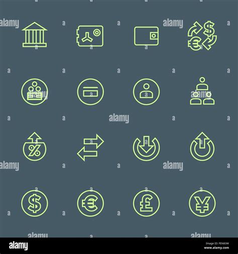 Vector Light Green Outline Various Financial Banking Icons Set On Dark