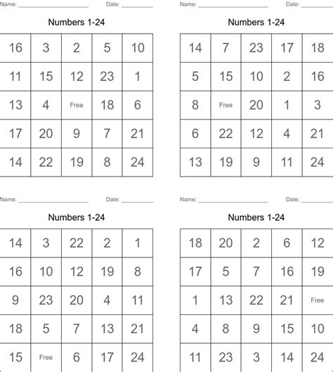 Numbers 1 24 Bingo Cards Wordmint
