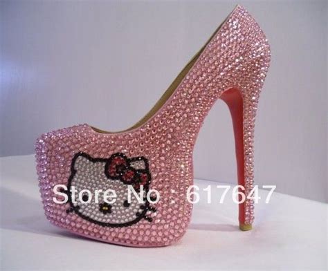 Girls Beautiful Red Bottom Hello Kitty High Heels 16cm High Platform Crystal Pink Pumps Free