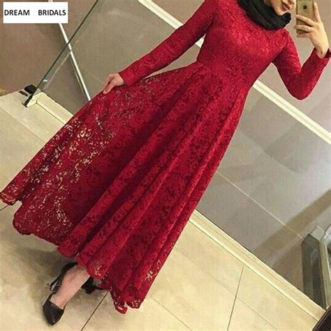 Red Lace Muslim Mother Of The Bride Dresses Long Sleeves Ankle Length Vestido De Madrinha Middle
