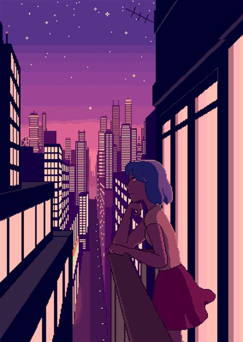 A Woman Standing On Top Of A Balcony Next To Tall Buildings Under A