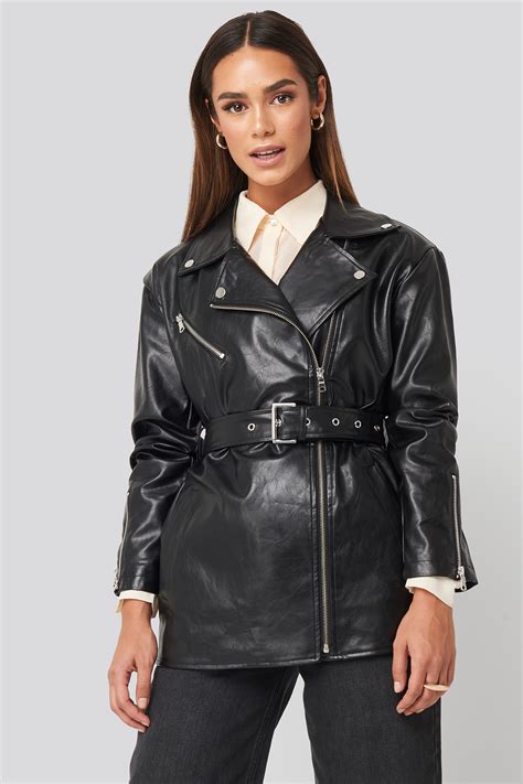 Tied Waist Pu Biker Jacket Black Na