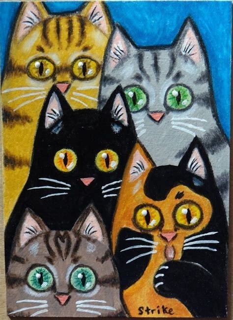 Aceo Miniature 5 Cats Staring Black Grey Ginger Tabby Calico Folk Art