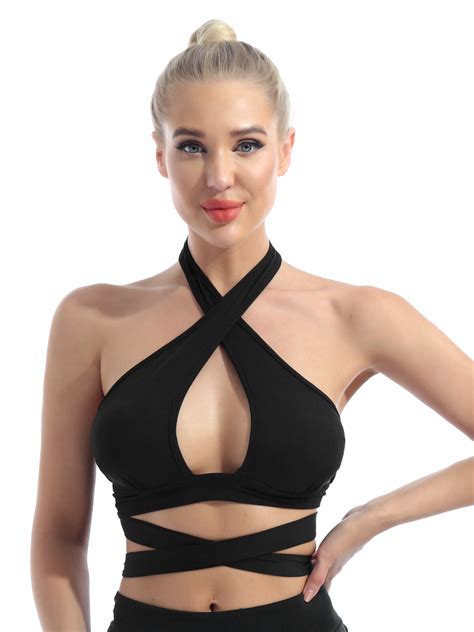 Us Womens Halter Neck Criss Cross Cut Out Crop Top Strappy Bandage Cage Bra Top Ebay