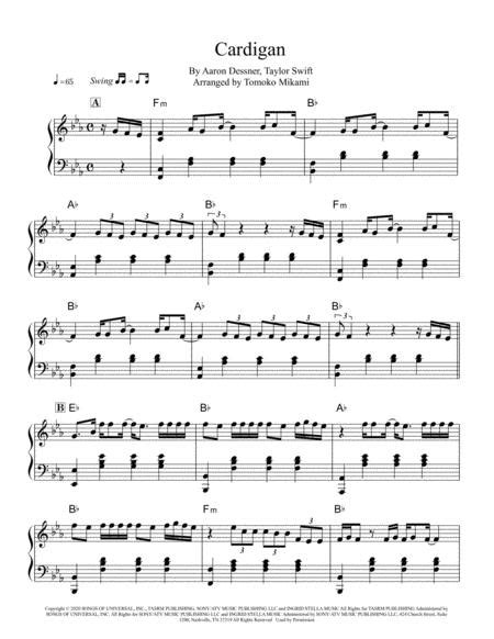 Cardigan By Aaron Dessner And Taylor Swift Digital Sheet Music For
