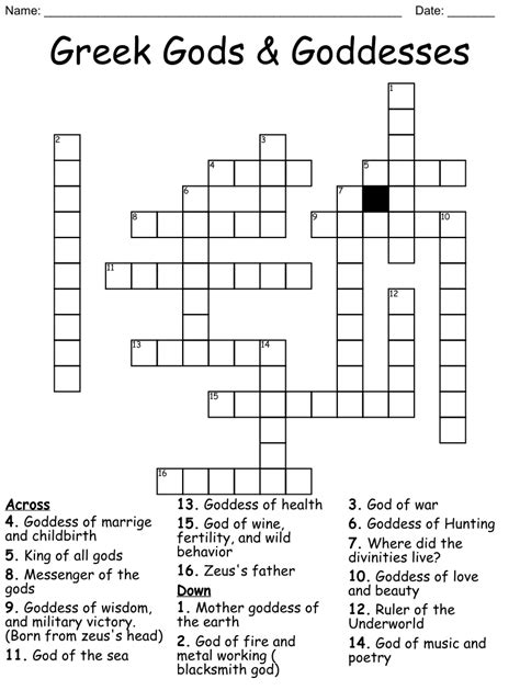 Greek Gods And Goddesses Crossword Puzzle