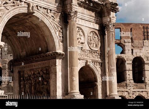 Ornate Facade Of The Arch Of Constantine Arco Di Costantino And The