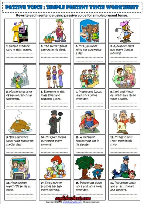 The verb is changed into past participle form complemented with the. Passive Voice Simple Present Tense ESL Exercise Worksheet ...