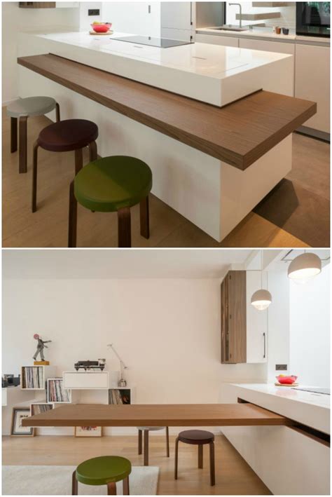 The Dining Table Is Cleverly Hidden In The Countertop Of This Chic