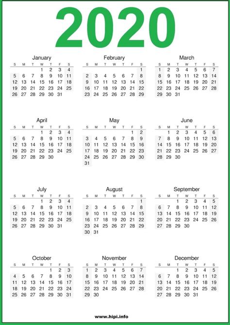 2020 Calendar Template Printable 2020 Calendar Free Template Hipi