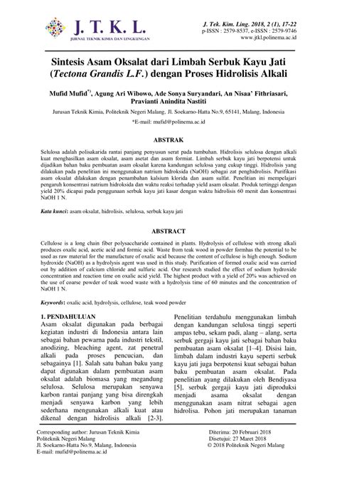 PDF Sintesis Asam Oksalat Dari Limbah Serbuk Kayu Jati Tectona