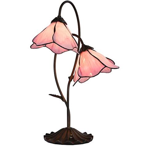 Bieye L10811 Pink Flower Tiffany Style Stained Glass Table Lamp With 8 Inches Wide Bent Glass