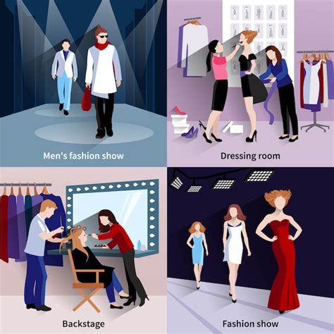 Free Vector Fashion Model Concept Set With Catwalk And Backstage Flat