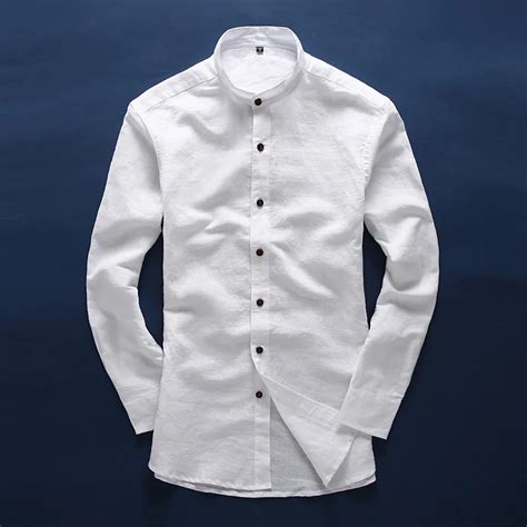 linen mens stand collar shirts long sleeve traditional chinese mandarin collar retro shirt white