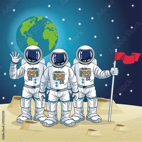 Astronaut Flag Planet Earth Moon Stars Spaceman Cosmonaut Space Cartoon Icon Colorful Design