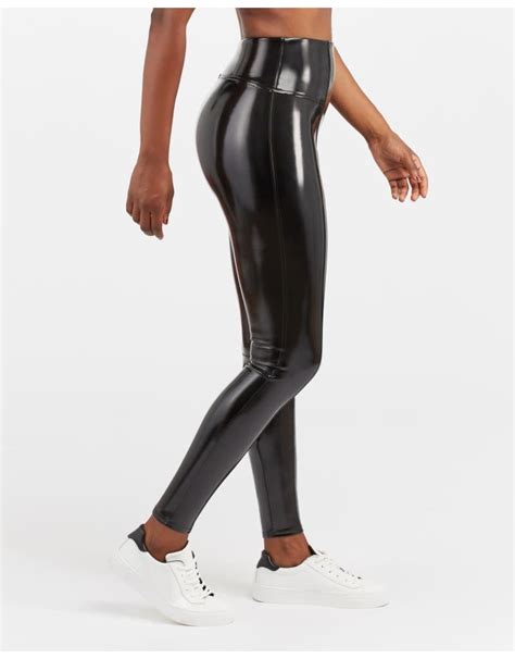 spanx faux patent leather leggings classic black rhinestone angel