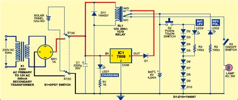 The above circuit uses a solar panel rated 16v/5w to charge the battery during day time. Circuit Diagram and Electronic Circuits Projects: Solar