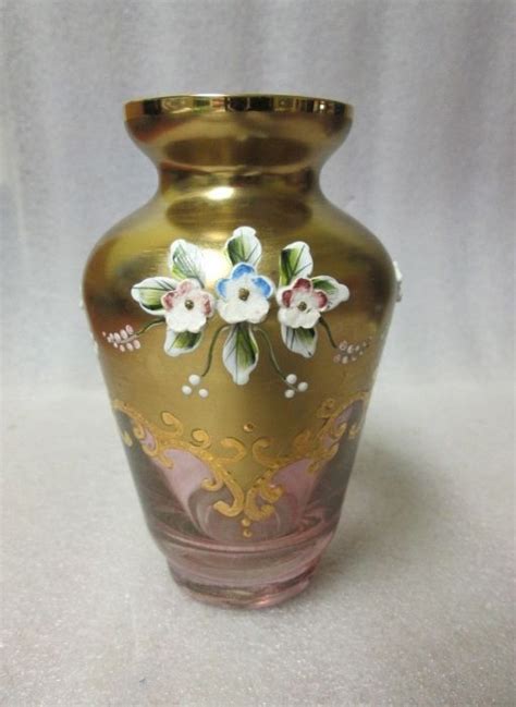 Vintage Bohemian Czech Pink Glass Vase W Raised Gold Gilt And Enamel Flowers Pink Glass Vase
