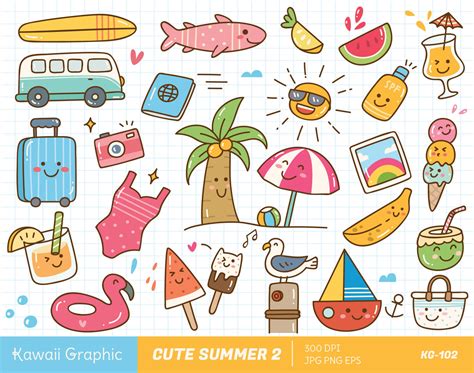 Cute Summer Clipart Kawaii Clipart Cute Vector Doodle Clipart Cute