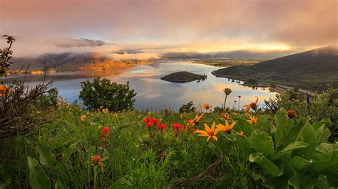 Nature Landscape Sky Clouds Flowers Valley Mountains River