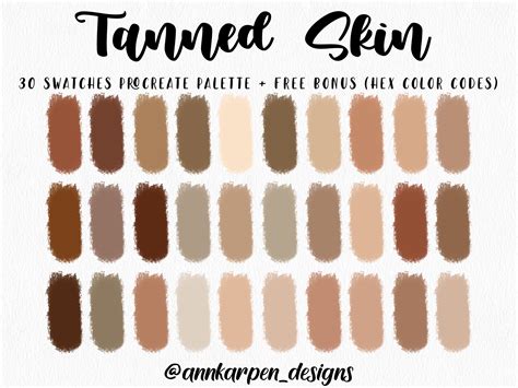 Tanned Skin Procreate Palette 30 HEX Color Codes Instant Digital