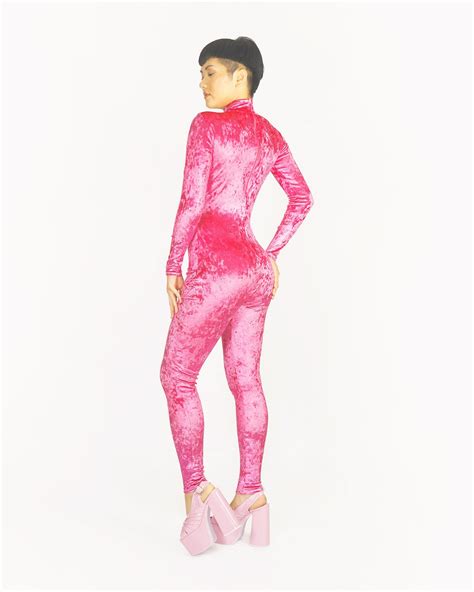 Hot Pink Crushed Stretch Velvet Catsuit Jumpsuit Unitard Etsy
