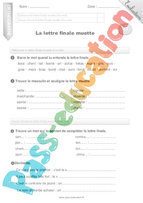 Exercice de grammaire cm2, 6ème, 5ème Lettre finale muette : CE2 - Cycle 2 - Exercice évaluation ...