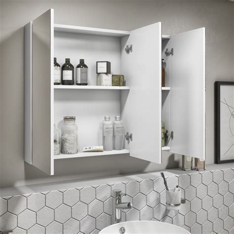 800mm Wall Hung 3 Door Mirrored Bathroom Cabinet White Gloss Portland