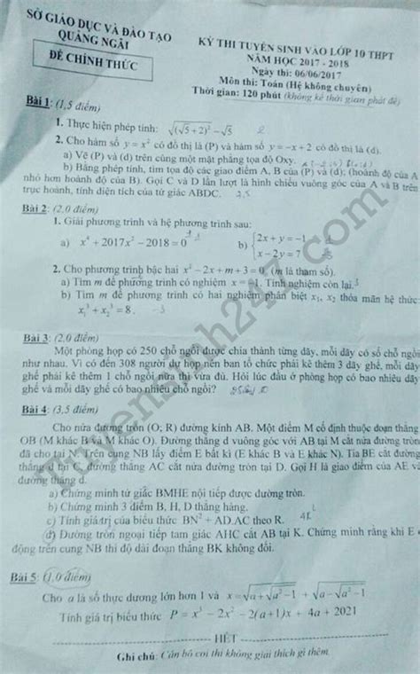 Chuyên tin học 23,75 điểm; Đáp án đề thi vào lớp 10 môn Toán tỉnh Quảng Ngãi năm 2017