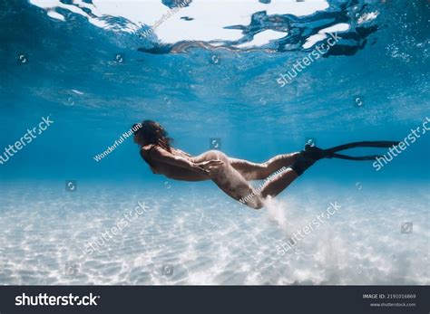 Naked Woman Freediver Glides Fins Over Stock Photo