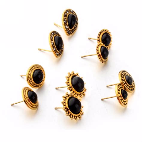 Shellhard Black Gem Stone Ear Studs Earrings 5 Pairsset Charming Oval