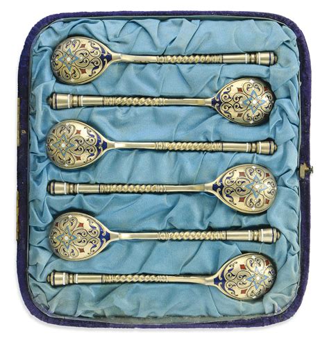 A Set Of Six Russian Silver Gilt And Champleve Enamel Teaspoons