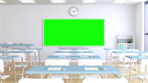 School Classroom With Desks And Blackboard With Track Green Screen