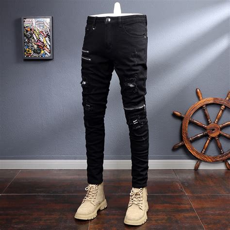 Streetwear Fashion Black Jeans Men Elastic Slim Fit Destroyed Ripped Jeans Zipper Designer Hip