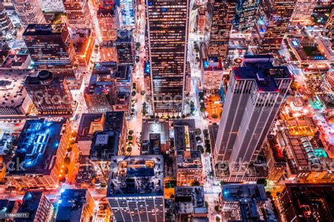 Aerial Of Downtown Los Angeles California At Night Stock Photo