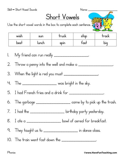 Long, longer, longest, short, shorter and shortest. Short Vowels Worksheet • Have Fun Teaching