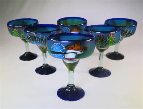 Mexican Margarita Glasses 6 And Pitcher Hand Painted Poncho And Agave Cactus On Blue