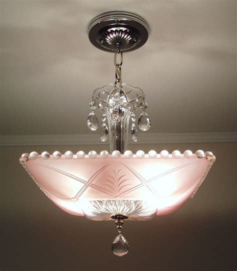 Close to ceiling light fixture type. Vintage 1930s Art Deco Pink Square Glass Ceiling Light ...