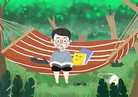 森林里坐在吊床上的男孩插画图片下载 正版图片401112732 摄图网