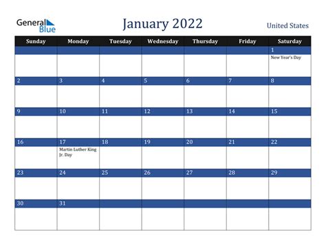 United States January 2022 Calendar With Holidays