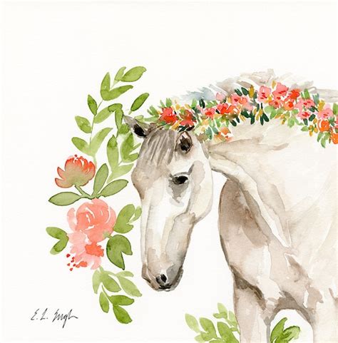 Original Watercolor Horse With Flowers Painting Etsy
