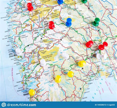 Map Of Norway Ma Pushpin Rked With Colorful Thumbtacks Editorial