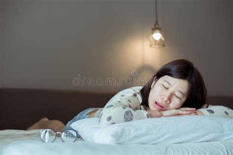 Female Snor While Sleeping On Bedwoman Snoring Because Due To Tired Of Work Stock Image Image