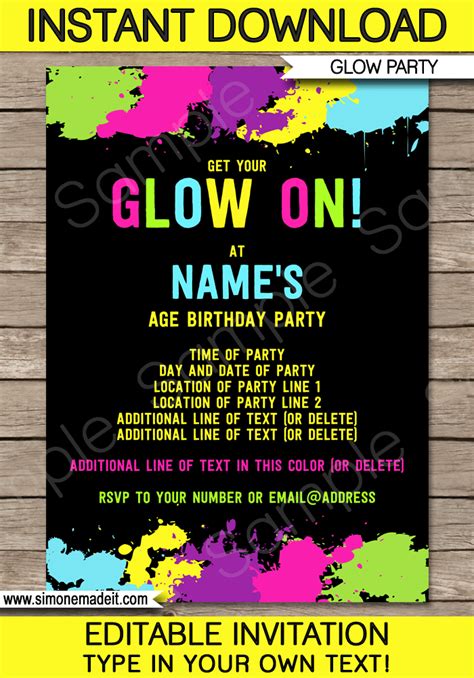 Neon Glow Party Invitations Template Diy Editable And Printable Invite