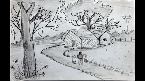 How To Draw A Scenery Of A Village With Pencil Step By Step Easy